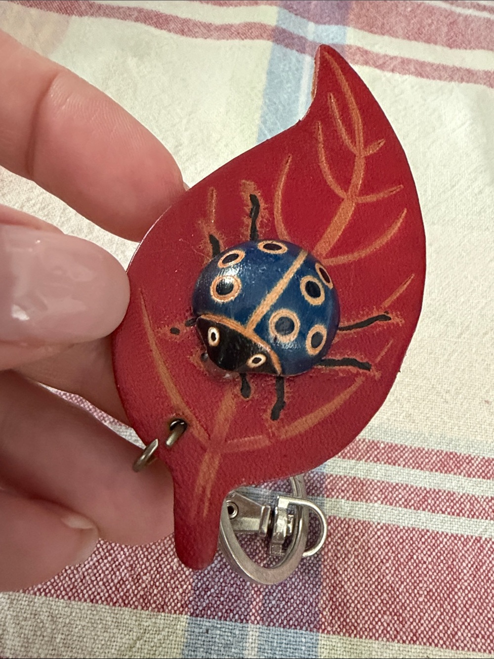 Italian leather Handmade Red Leaf Keychain with Blue Ladybug Charm